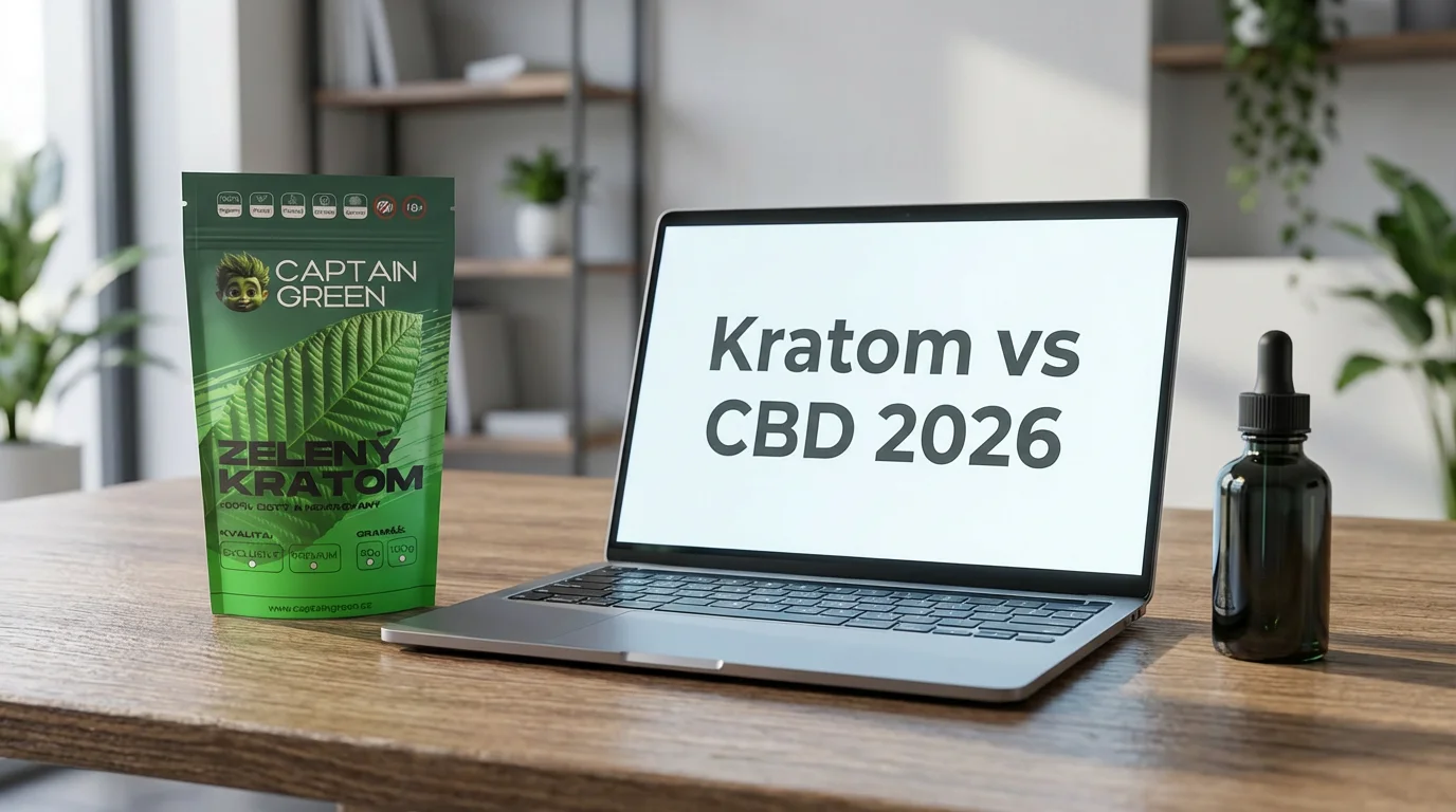 Balení Zeleného kratomu Super Pure Captain Green vedle lahvičky CBD oleje a notebooku s nadpisem Kratom vs CBD 2026 na pracovním stole