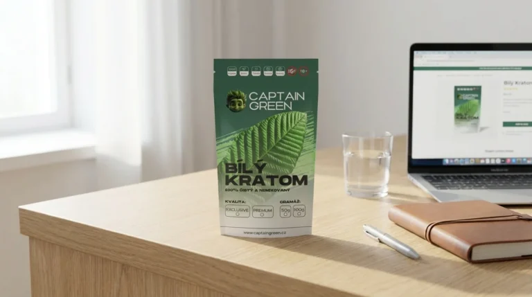 Bílý kratom Super Pure Captain Green na pracovním stole vedle notebooku a diáře