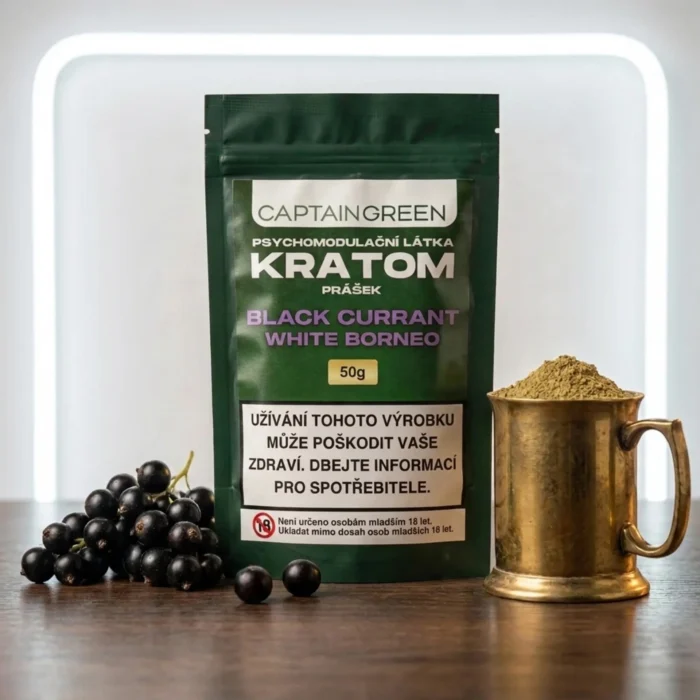 Bílý kratom prášek s příchutí black currant 50 g, licencovaný prodej Captain Green Bílý kratom prášek s příchutí black currant 50 g, licencovaný prodej Captain Green