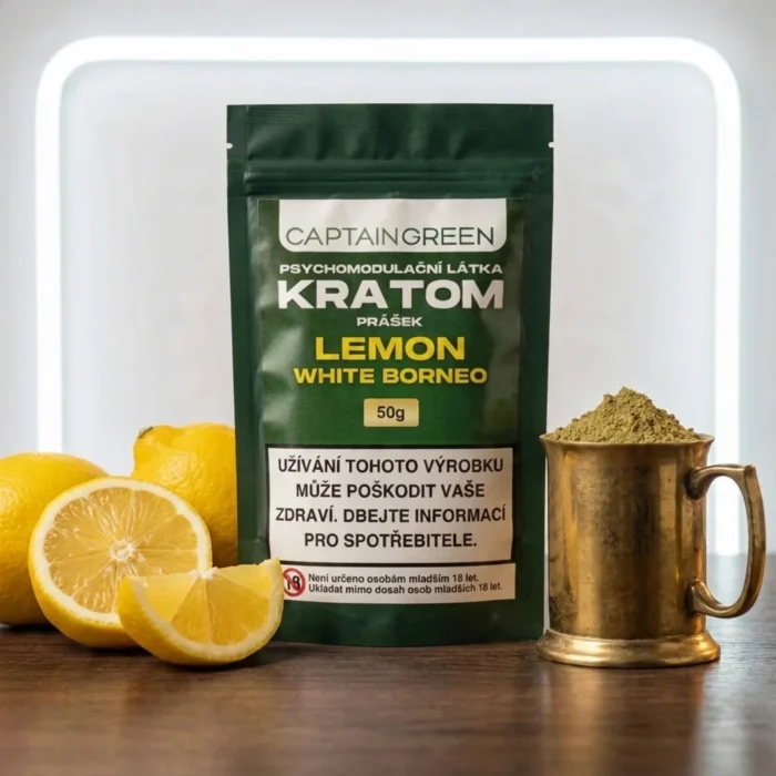 Bílý kratom prášek s příchutí lemon 50 g, licencovaný prodej Captain Green Bílý kratom prášek s příchutí lemon 50 g, licencovaný prodej Captain Green