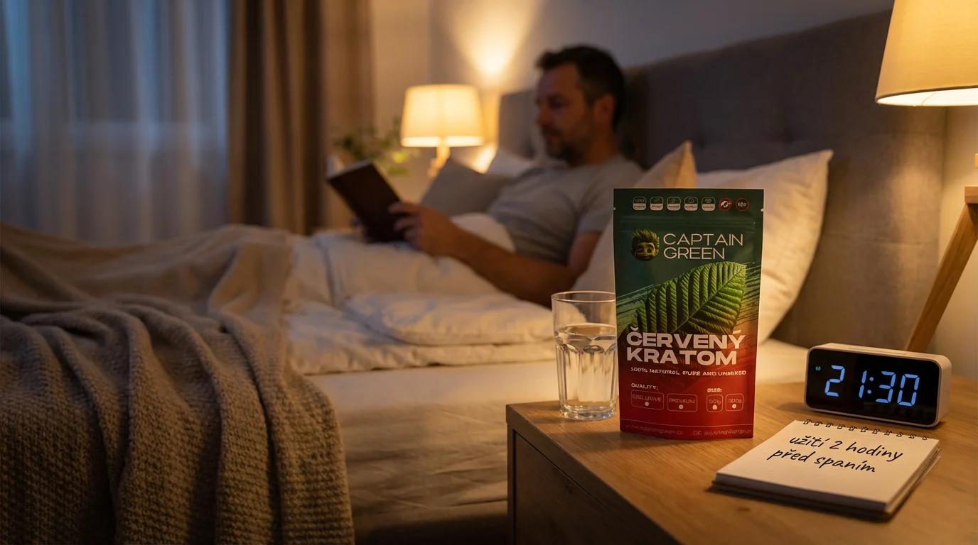 Červený kratom Bali Captain Green na nočním stolku jako součást večerního režimu s delší dobou účinku