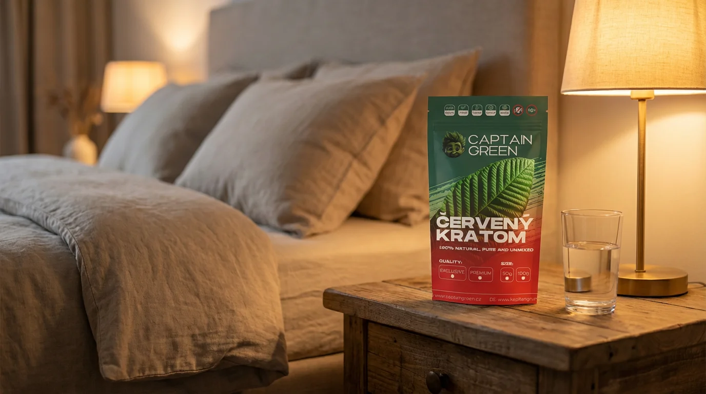 Červený kratom Bali Captain Green na nočním stolku při teplém večerním světle jako součást večerního rituálu