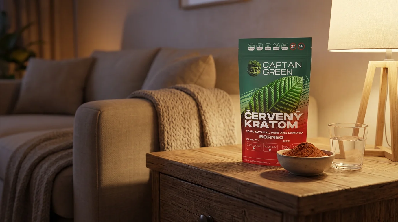 Červený kratom Borneo Captain Green na nočním stolku jako hlavní produktová fotka pro rok 2026