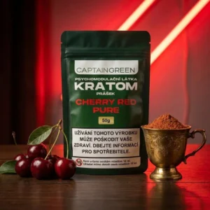 Červený kratom prášek s příchutí cherry 50 g, licencovaný prodej Captain Green Červený kratom prášek s příchutí cherry 50 g, licencovaný prodej Captain Green
