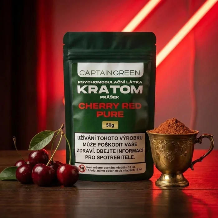 Červený kratom prášek s příchutí cherry 50 g, licencovaný prodej Captain Green Červený kratom prášek s příchutí cherry 50 g, licencovaný prodej Captain Green