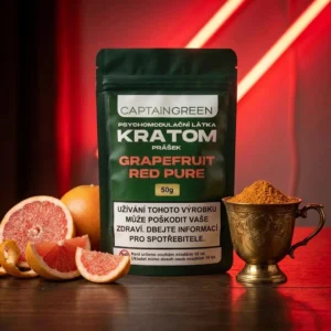 Červený kratom prášek s příchutí grapefruit 50 g, licencovaný prodej Captain Green Červený kratom prášek s příchutí grapefruit 50 g, licencovaný prodej Captain Green