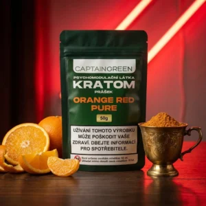 Červený kratom prášek s příchutí orange 50 g, licencovaný prodej Captain Green Červený kratom prášek s příchutí orange 50 g, licencovaný prodej Captain Green