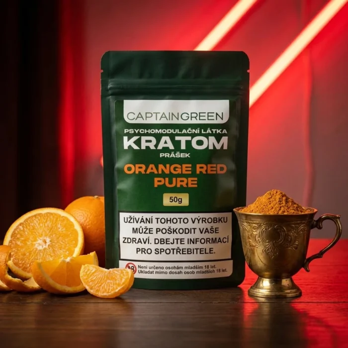 Červený kratom prášek s příchutí orange 50 g, licencovaný prodej Captain Green Červený kratom prášek s příchutí orange 50 g, licencovaný prodej Captain Green