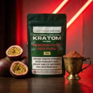 Červený kratom prášek s příchutí passion fruit 50 g, licencovaný prodej Captain Green Červený kratom prášek s příchutí passion fruit 50 g, licencovaný prodej Captain Green