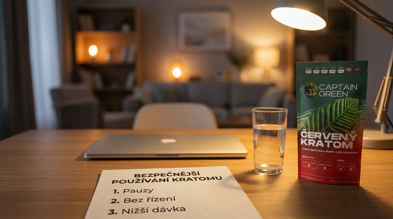 Checklist bezpečnějšího večerního režimu s červeným kratomem Bali, balení kratomu a sklenice vody na stole