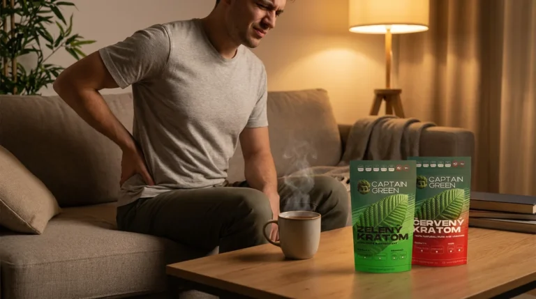 Člověk s bolestí zad při večerním odpočinku a balení zeleného a červeného kratomu Captain Green na stole.
