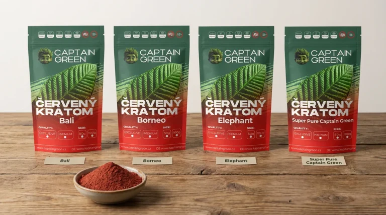 Čtyři balení červených kratomů Captain Green Bali, Borneo, Elephant a Super Pure vedle sebe na dřevěném stole.