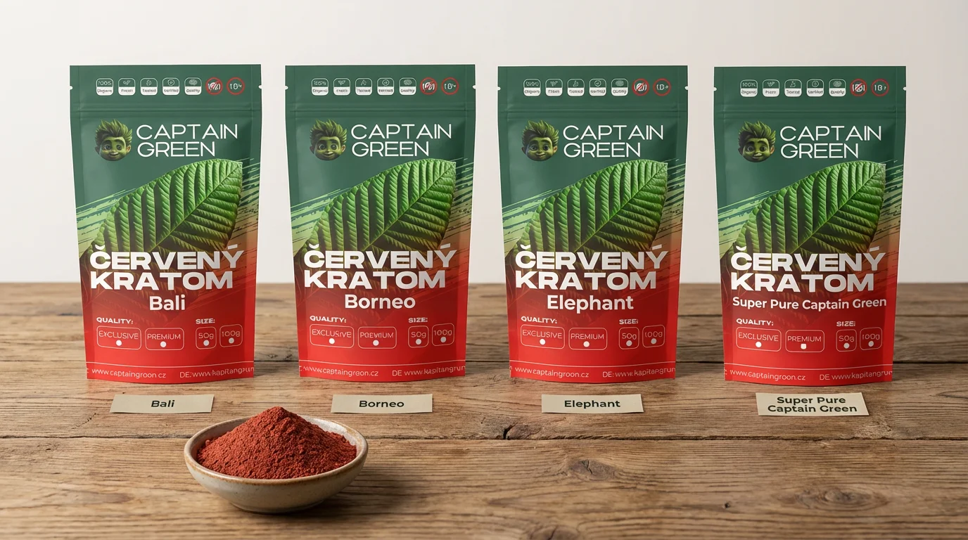 Čtyři balení červených kratomů Captain Green Bali, Borneo, Elephant a Super Pure vedle sebe na dřevěném stole.