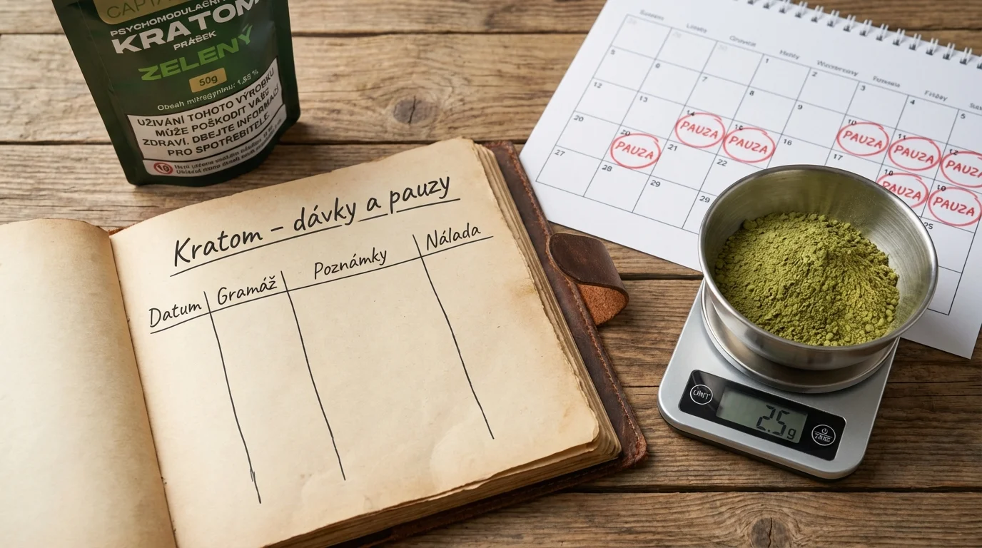 Deník dávek kratomu, kalendář pauz a digitální váha na stole