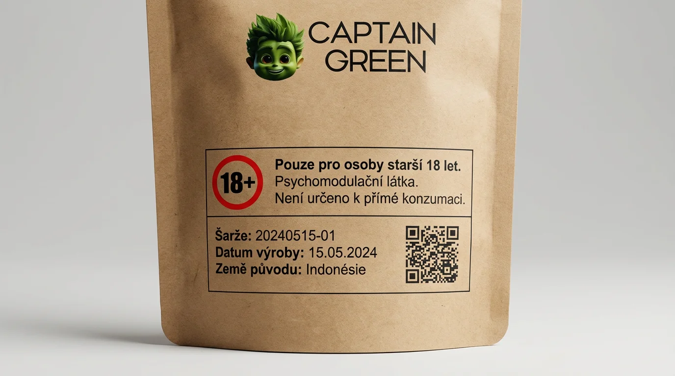 Detail legislativně správného balení kratomu se značením 18+ a QR kódem