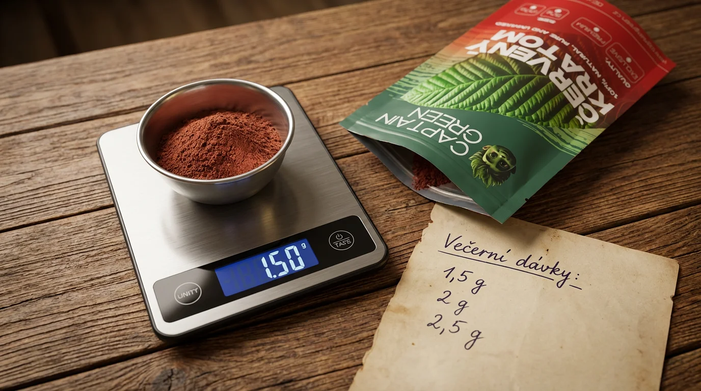 Digitální váha s odměřenou dávkou červeného kratomu Bali a papír s orientačními večerními dávkami