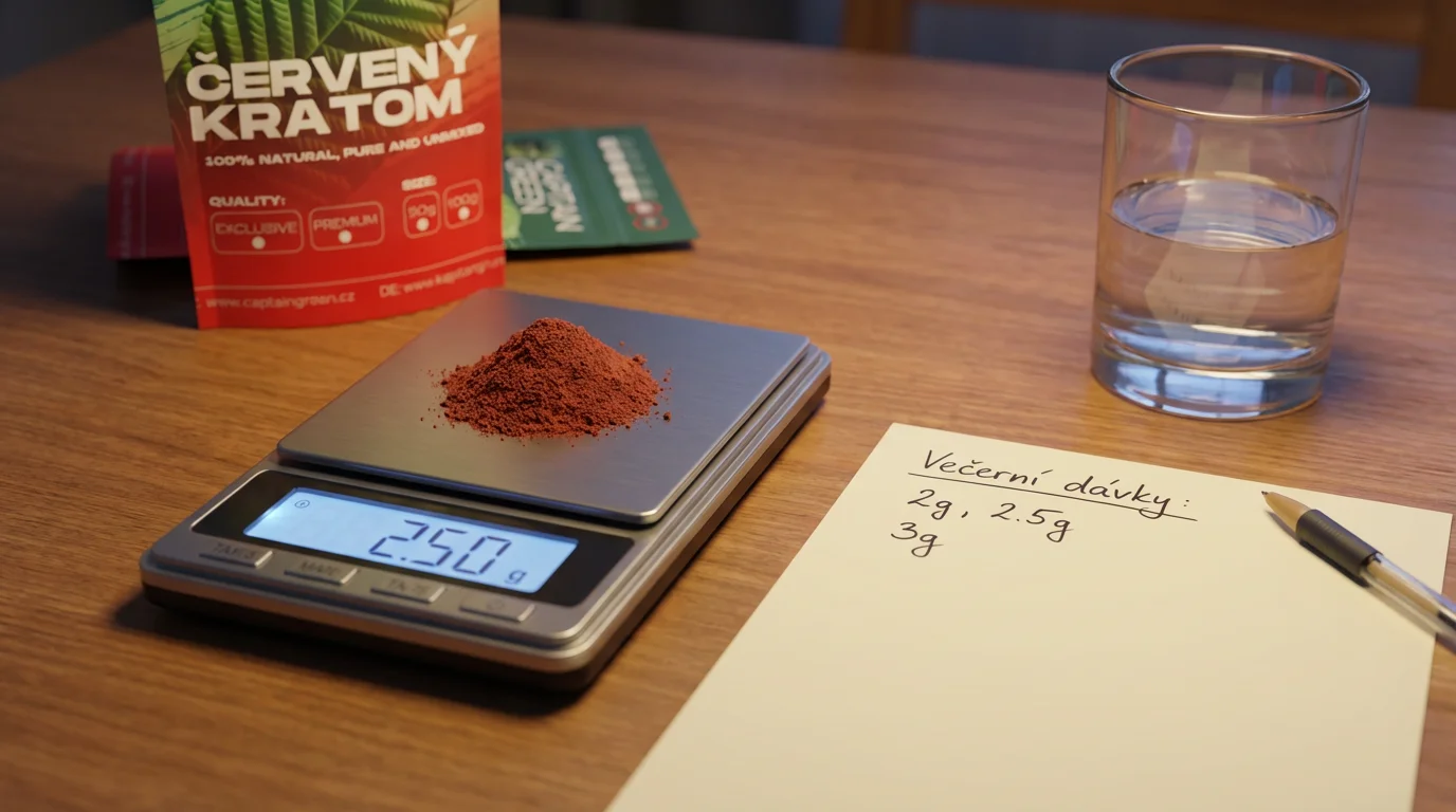 Digitální váha s odměřenou dávkou Červeného kratomu Borneo a papírem s orientačním večerním dávkováním