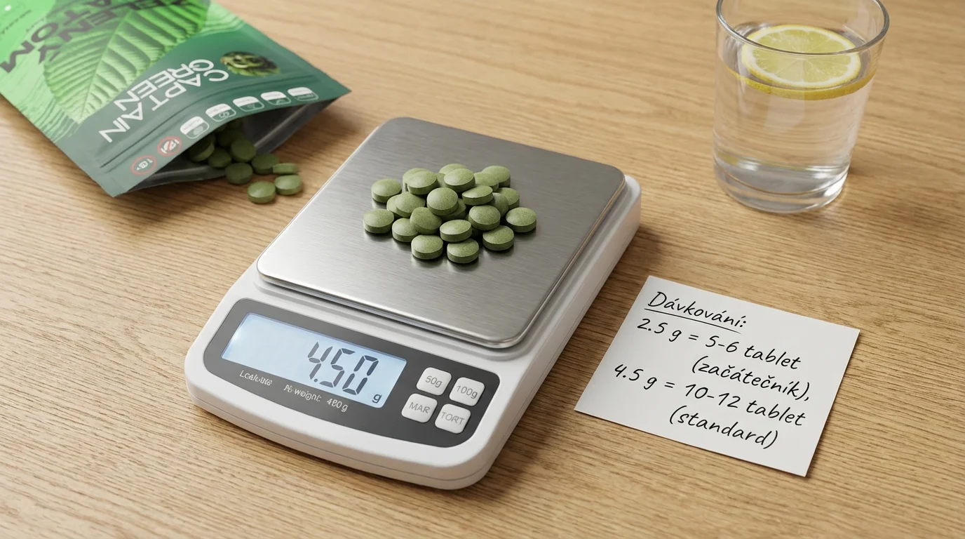 Digitální váha s odměřenou dávkou kratomových tablet Captain Green a papírem s orientačním dávkováním v tabletách