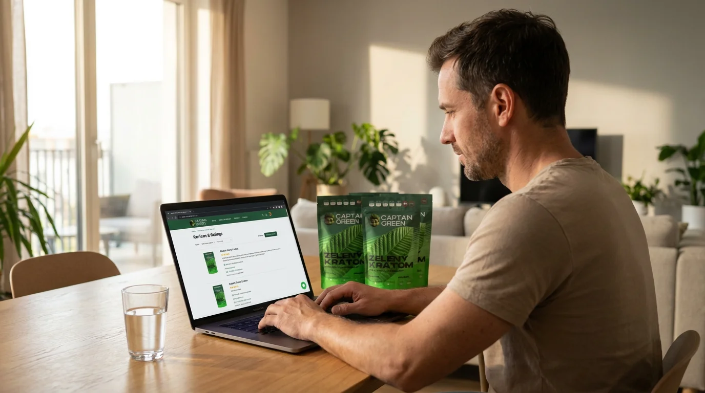 Dospělý uživatel čte recenze kratomu Captain Green na notebooku, na stole má balení kratomu a sklenici vody