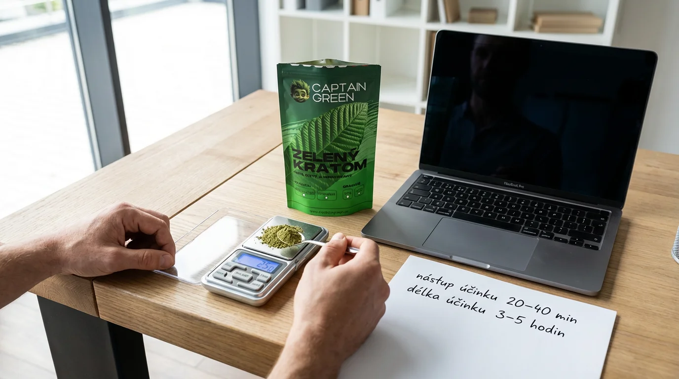 Dospělý uživatel měří dávku zeleného kratomu Super Pure na digitální váze a zapisuje si nástup a délku účinku při práci