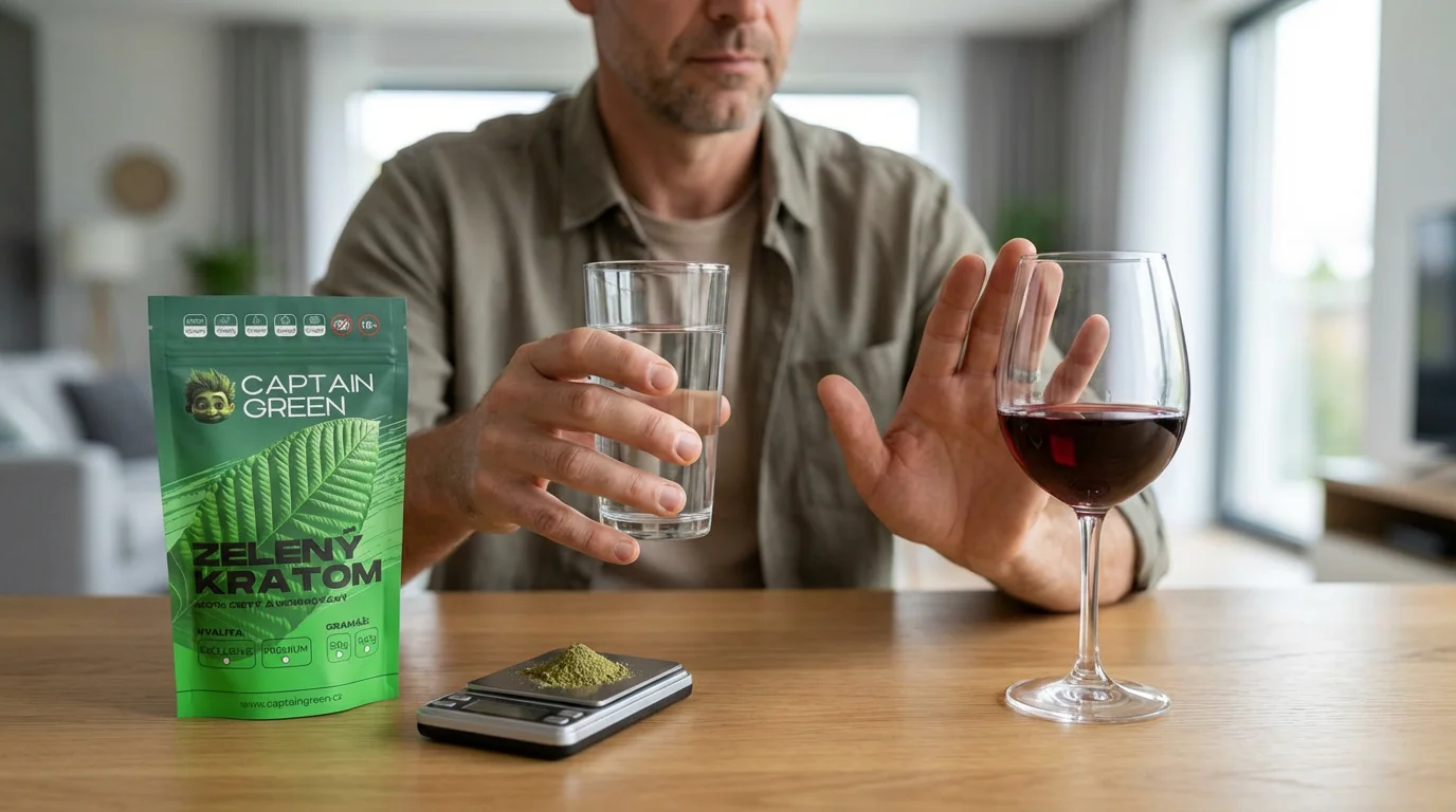 Kratom a alkohol – proč je nekombinovat a jak volit bezpečnější režim Dospělý uživatel odsouvá sklenici vína a volí kratom Captain Green se sklenicí vody místo kombinace alkoholu a kratomu