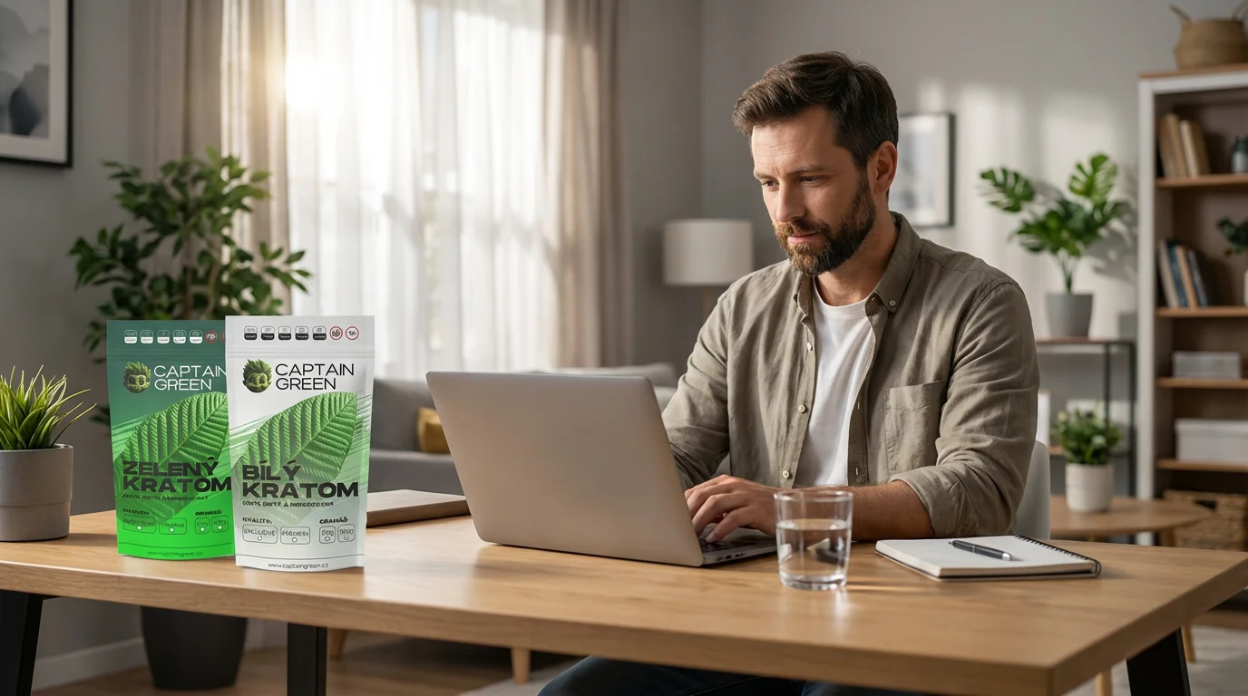 Dospělý uživatel pracuje na notebooku s balením Zeleného a Bílého kratomu Super Pure Captain Green na pracovním stole