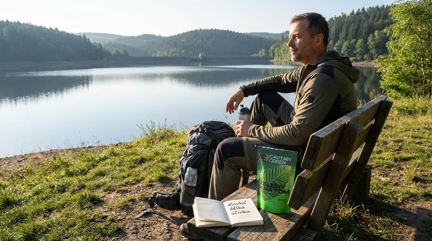 Dospělý uživatel s balením zeleného kratomu Elephant Captain Green odpočívá u přehrady a spoléhá na delší délku účinku