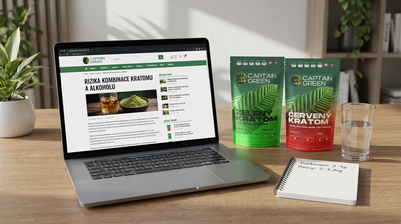 Studium rizik kombinace kratomu a alkoholu před rozhodnutím, jak k užívání přistoupit Dospělý uživatel si u notebooku studuje článek o rizicích kombinace kratomu a alkoholu s balením kratomu Captain Green na stole