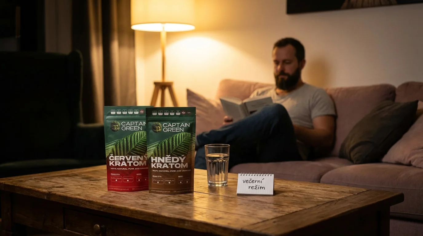 Večerní režim s červeným a hnědým kratomem bez alkoholu Dospělý uživatel si večer čte na pohovce a na konferenčním stolku má balení červeného kratomu Bali a hnědého kratomu Captain Green