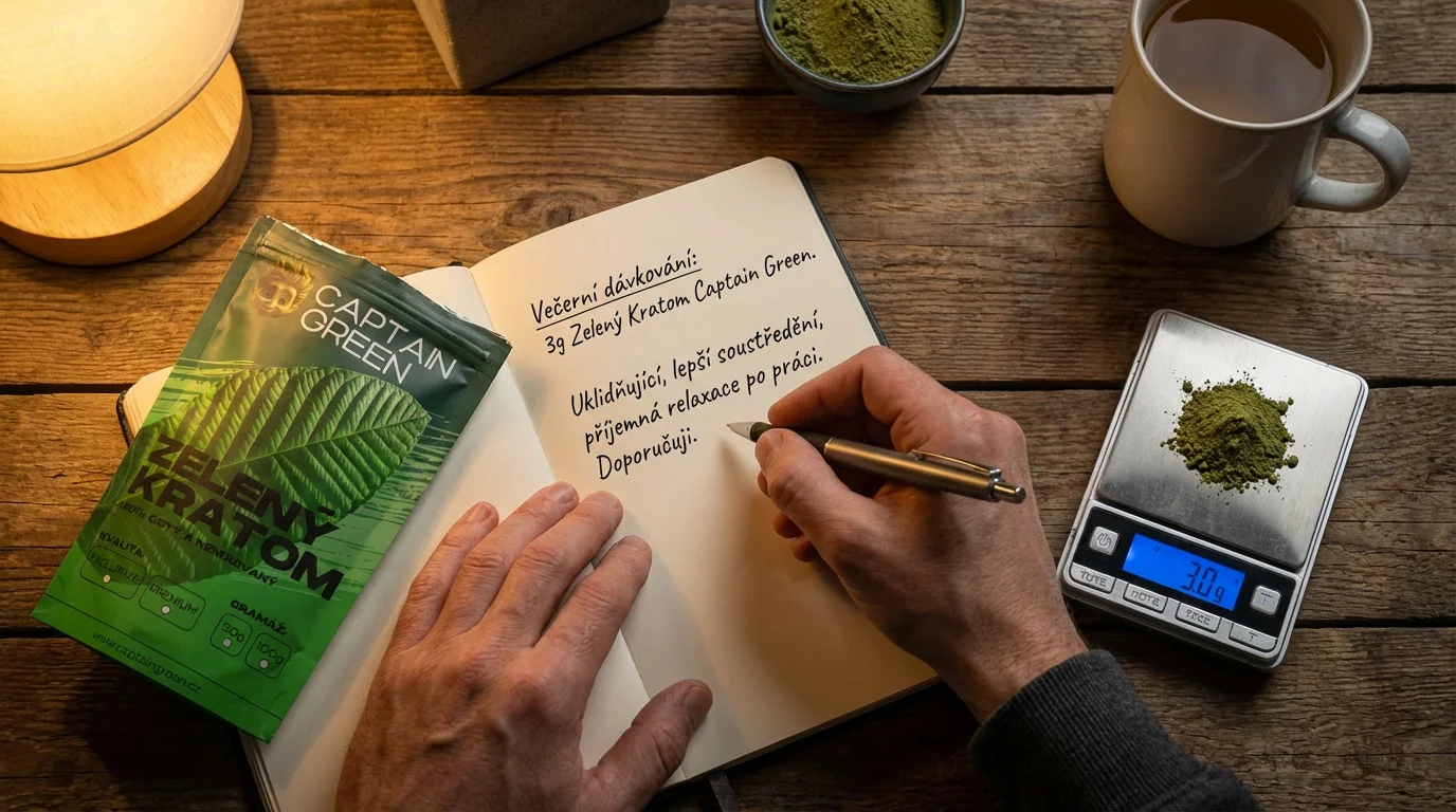 Dospělý uživatel si zapisuje zkušenosti s kratomem do deníku, na stole má balení kratomu Captain Green a digitální váhu s odměřenou dávkou