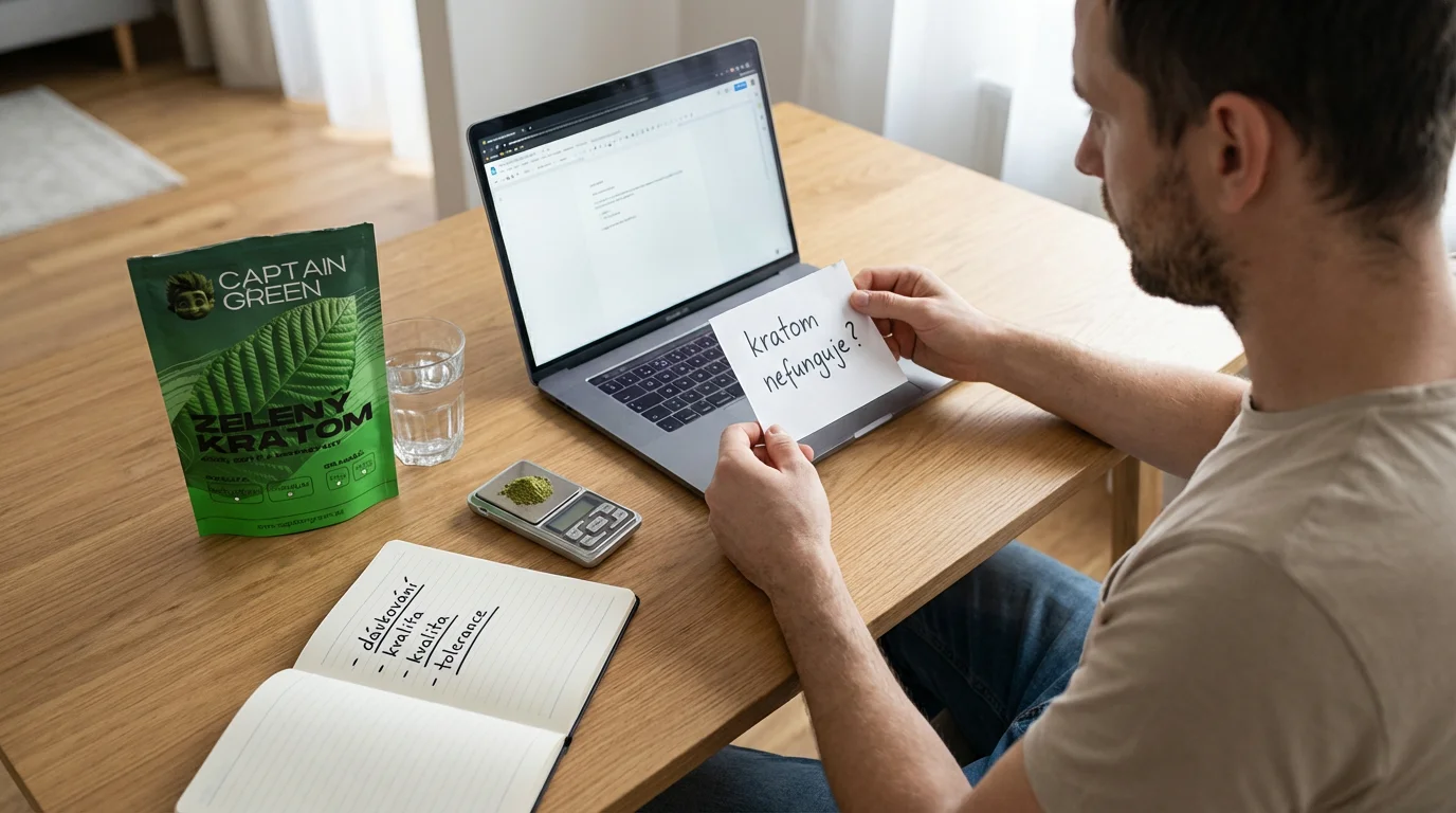Dospělý uživatel u notebooku řeší proč mu kratom Captain Green nefunguje a kontroluje dávkování, kvalitu šarže a toleranci