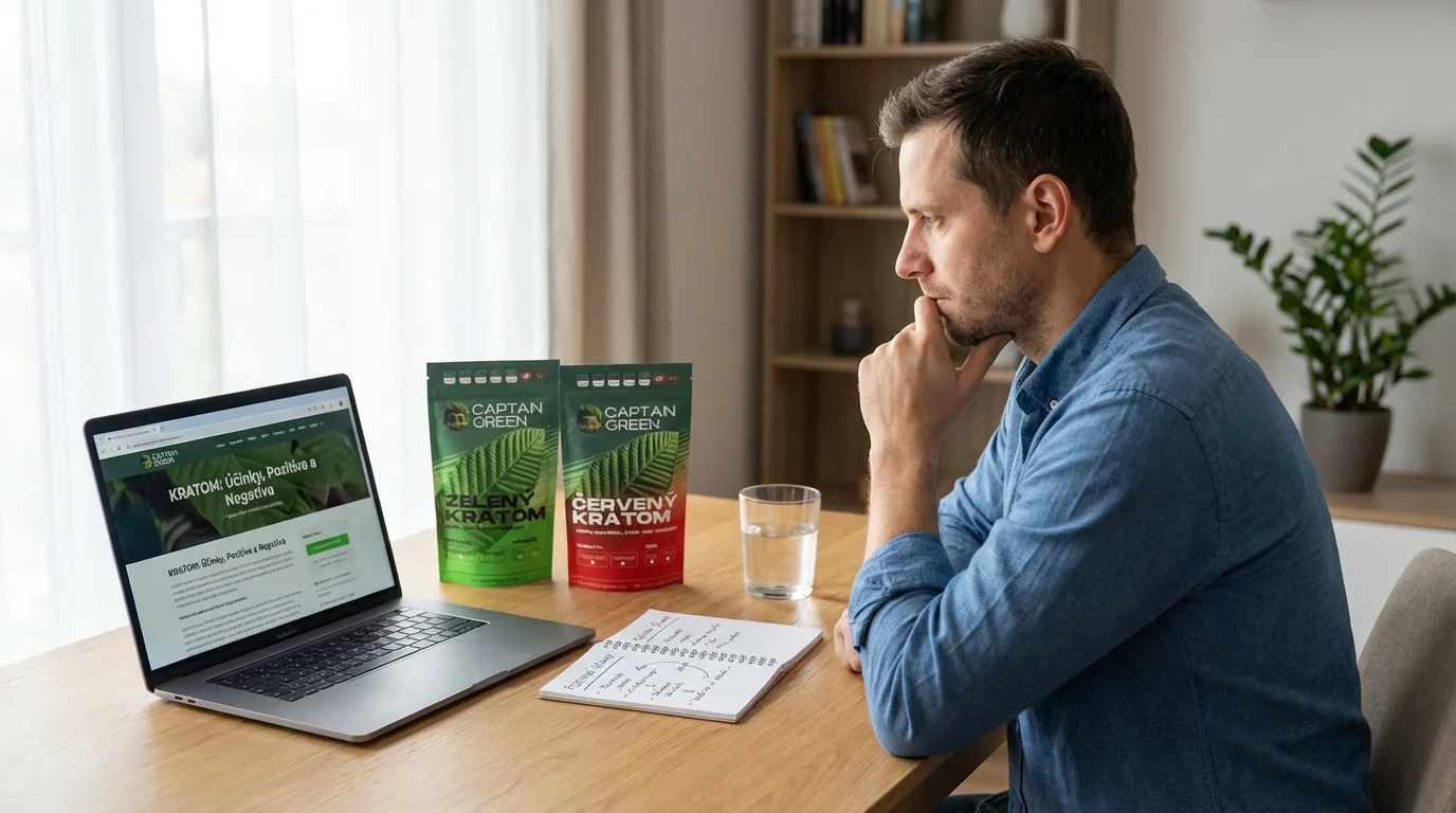 Dospělý uživatel u notebooku studuje účinky kratomu Captain Green s balením zeleného Super Pure a červeného Bali na pracovním stole