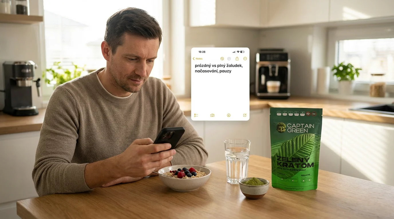 Dospělý uživatel u snídaně plánuje načasování kratomu Captain Green podle prázdného a plného žaludku