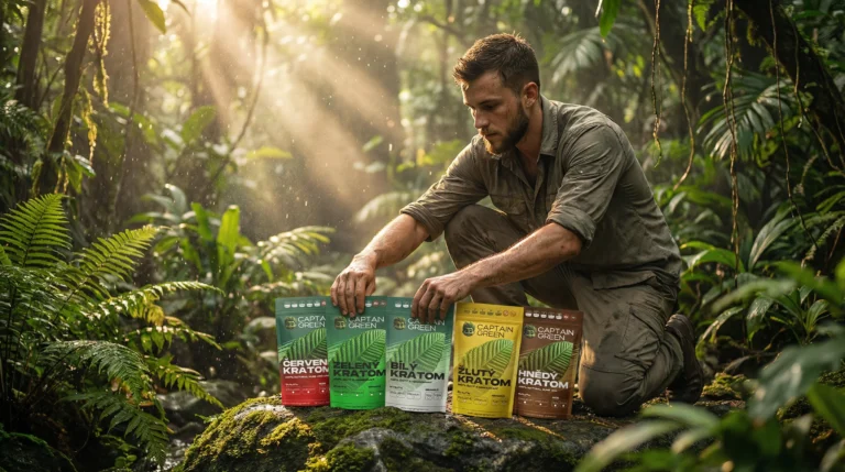 Druhy kratomu Captain Green – zelený, bílý, červený, žlutý a hnědý kratom vyfocené v džungli na kameni.