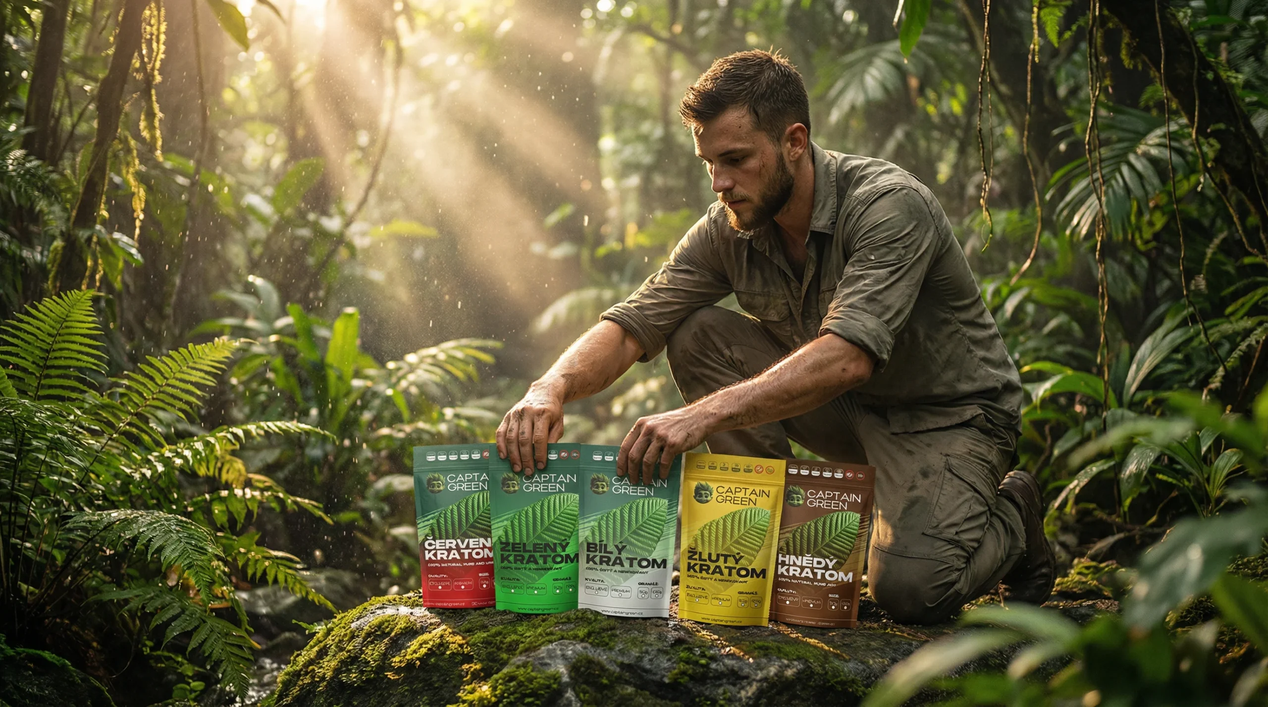 Druhy kratomu Captain Green – zelený, bílý, červený, žlutý a hnědý kratom vyfocené v džungli na kameni.