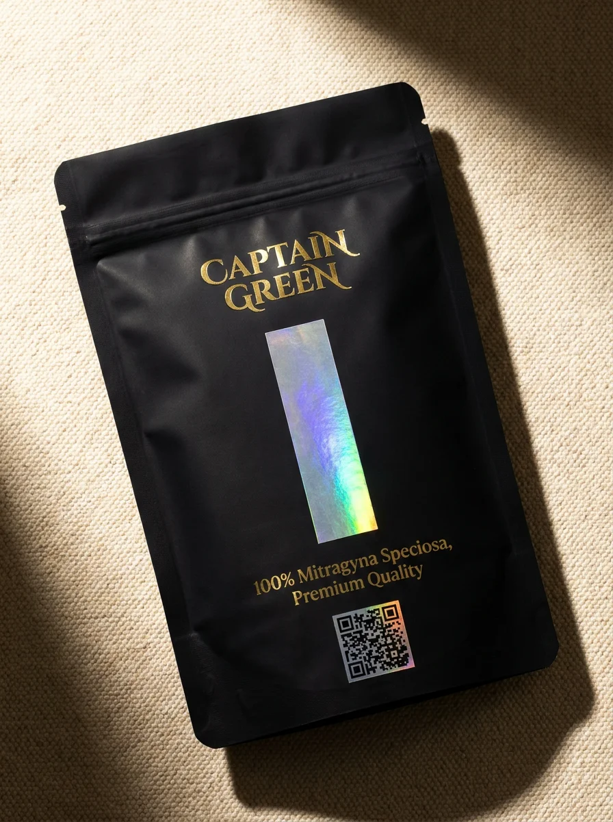 Hermetický balíček kratomu Captain Green s holografickou ochrannou folií a QR kódem šarže