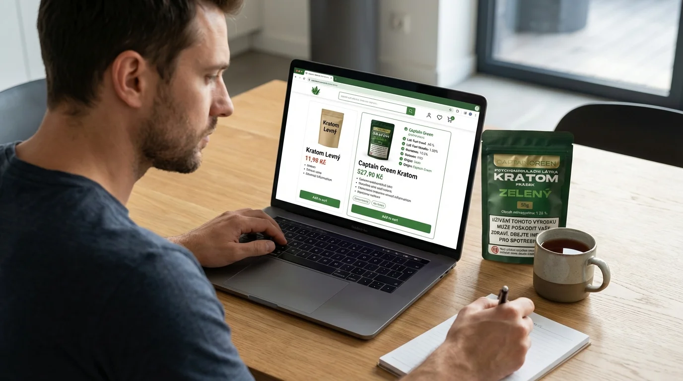 Notebook s porovnáním nejlevnějšího kratomu a férové ceny, dospělý uživatel přemýšlí nad rozdílem mezi cenou a kvalitou