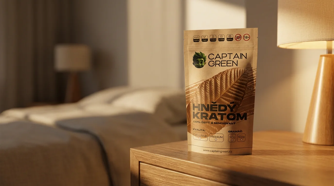 Hnědý kratom premium Captain Green na dřevěném nočním stolku jako hlavní produktová fotka pro rok 2026