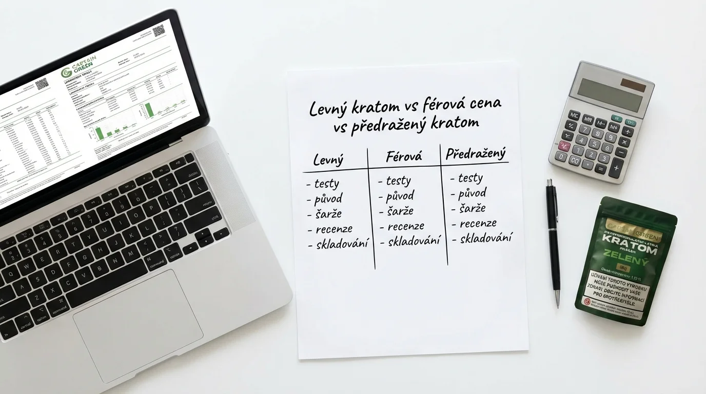 Infografická tabulka, která porovnává levný a kvalitní kratom z hlediska ceny, testů a stability šarží