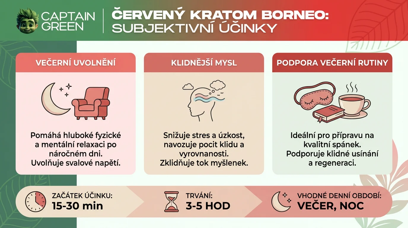 Infografika hlavních účinků Červeného kratomu Borneo na večerní uvolnění a klidnější mysl
