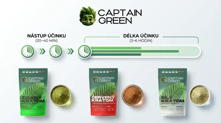 Infografika znázorňující jak dlouho účinkuje kratom včetně nástupu a délky účinku pro různé druhy Captain Green