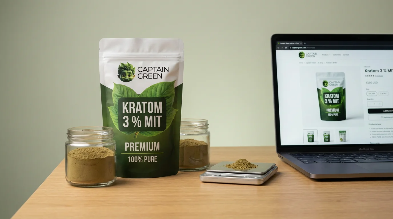 Kratom 3 % MIT Captain Green jako hlavní produktová fotka na dřevěném stole s digitální váhou a notebookem e‑shopu