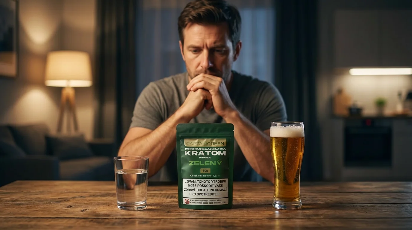 Kratom a alkohol – zodpovědné rozhodování dospělého uživatele před jízdou Dospělý uživatel se dívá na sklenici alkoholu a balení kratomu a rozhoduje se, že nebude řídit pod vlivem žádné látky