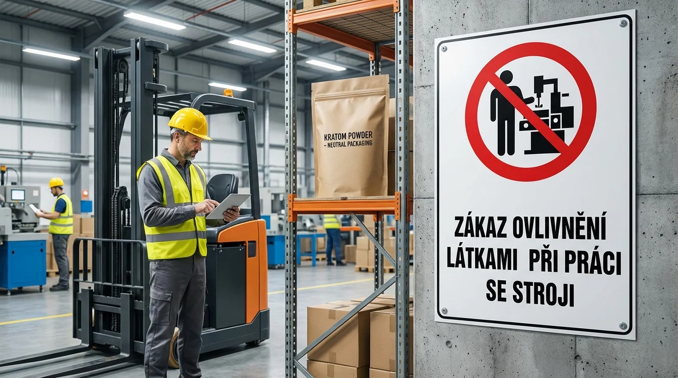 Kratom a práce se stroji – bezpečnost a odpovědnost na pracovišti Pracovník v reflexní vestě u průmyslového stroje, na stole vedle něj leží balení kratomu, které nechává doma mimo pracovní směnu