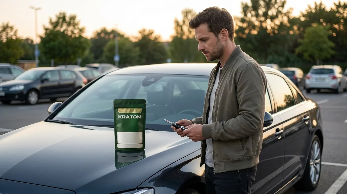 Kratom a řízení auta – zodpovědné rozhodování dospělého uživatele Dospělý uživatel stojí u zaparkovaného auta, v ruce drží balení kratomu a zodpovědně se rozhoduje, že nebude řídit pod vlivem