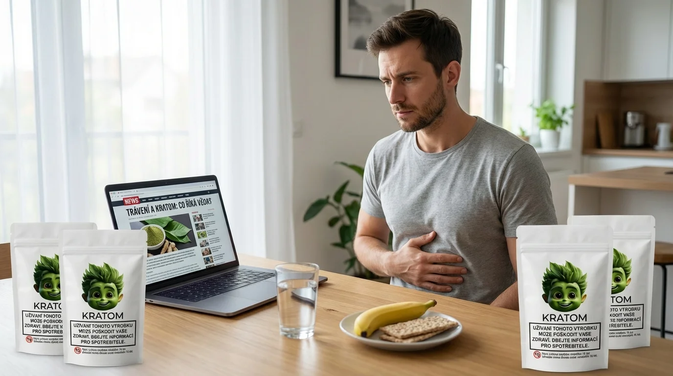 Kratom a trávení – dospělý uživatel studuje informace a hlídá žaludek