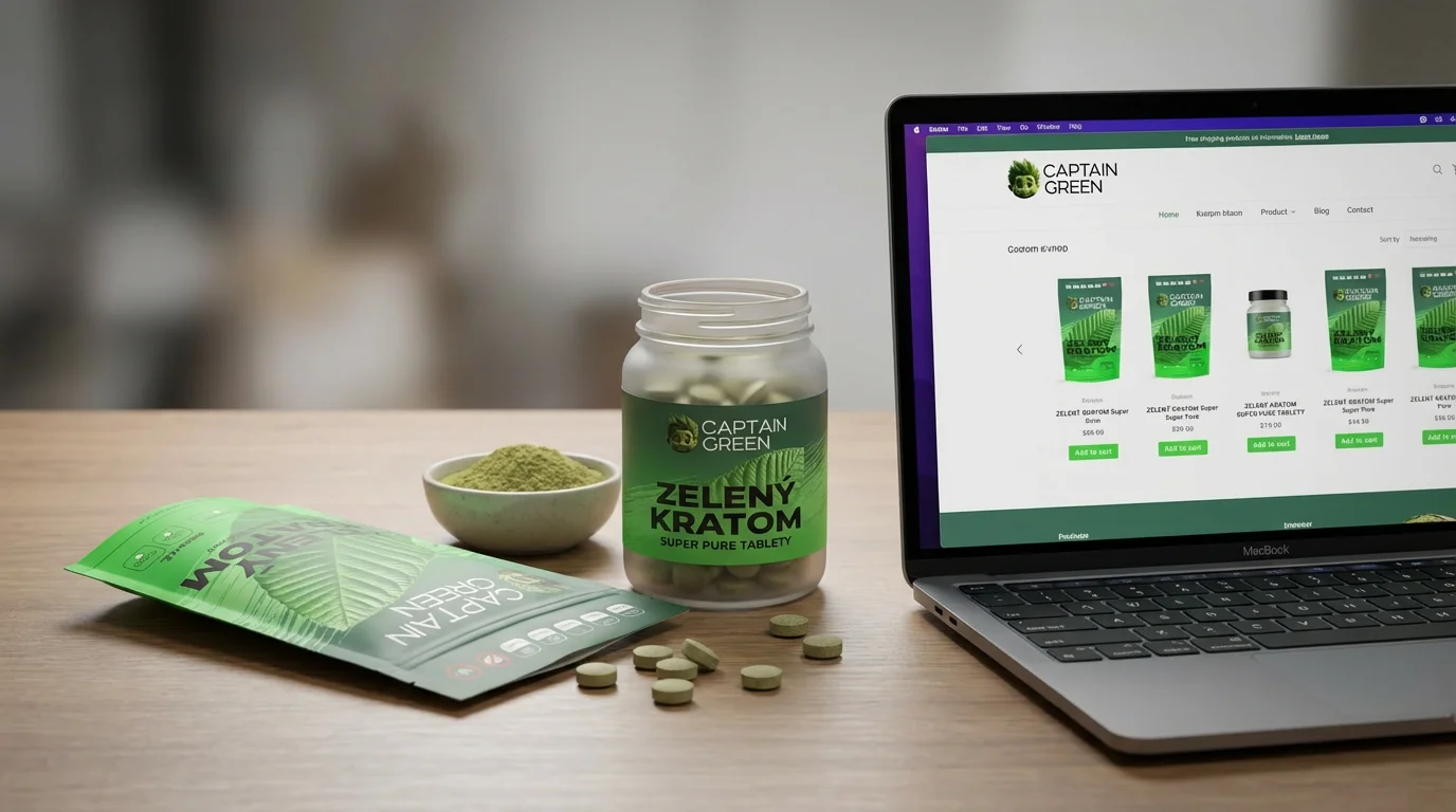 Kratomové tablety Captain Green vedle zeleného kratomu Super Pure v prášku na pracovním stole s otevřeným e‑shopem na notebooku
