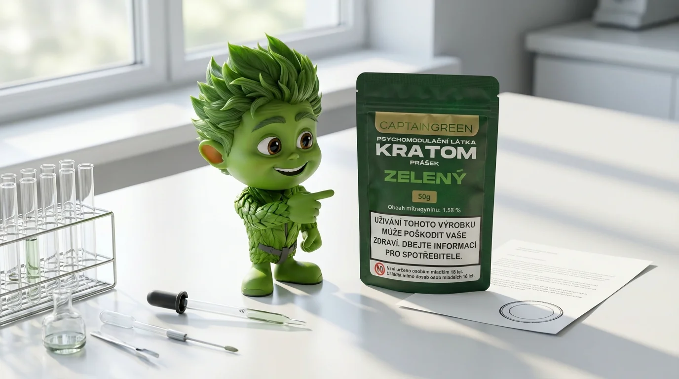 Figurka Captain Green ukazuje na testovaný kratom v laboratoři