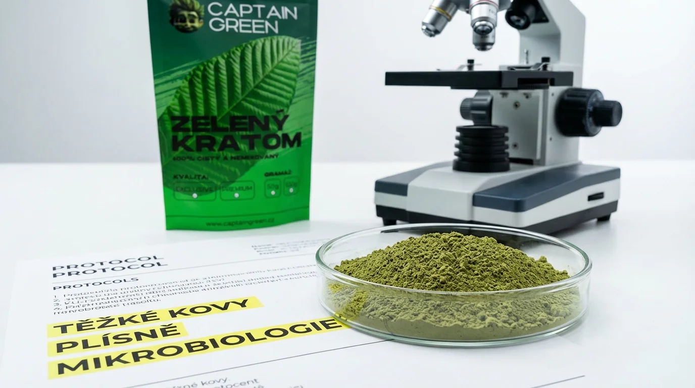 Laboratorní pracovní stůl se vzorkem zeleného kratomu Captain Green a protokolem z testů těžkých kovů a mikrobiologie