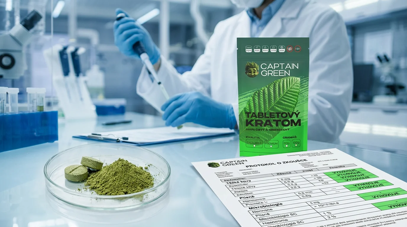 Laboratorní pracovník testuje kratomové tablety Captain Green na těžké kovy, plísně a mikrobiologii s protokolem na stole